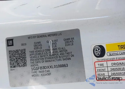 2020 Chevrolet Camaro Rwd 1Lt z USA, uszkodzony, nr VIN 1G1FB3DXXL0108863